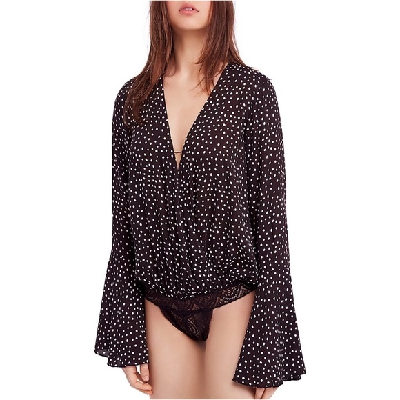Free People - Making Waves Deep V Neck Bell Sleeve Polka Dot Lace Bodysuit Small - Picture 1 of 16